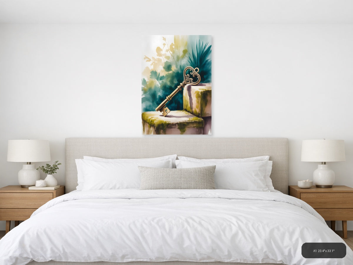 Ornate Golden Key Watercolor Wall Art — A1 / Bedroom