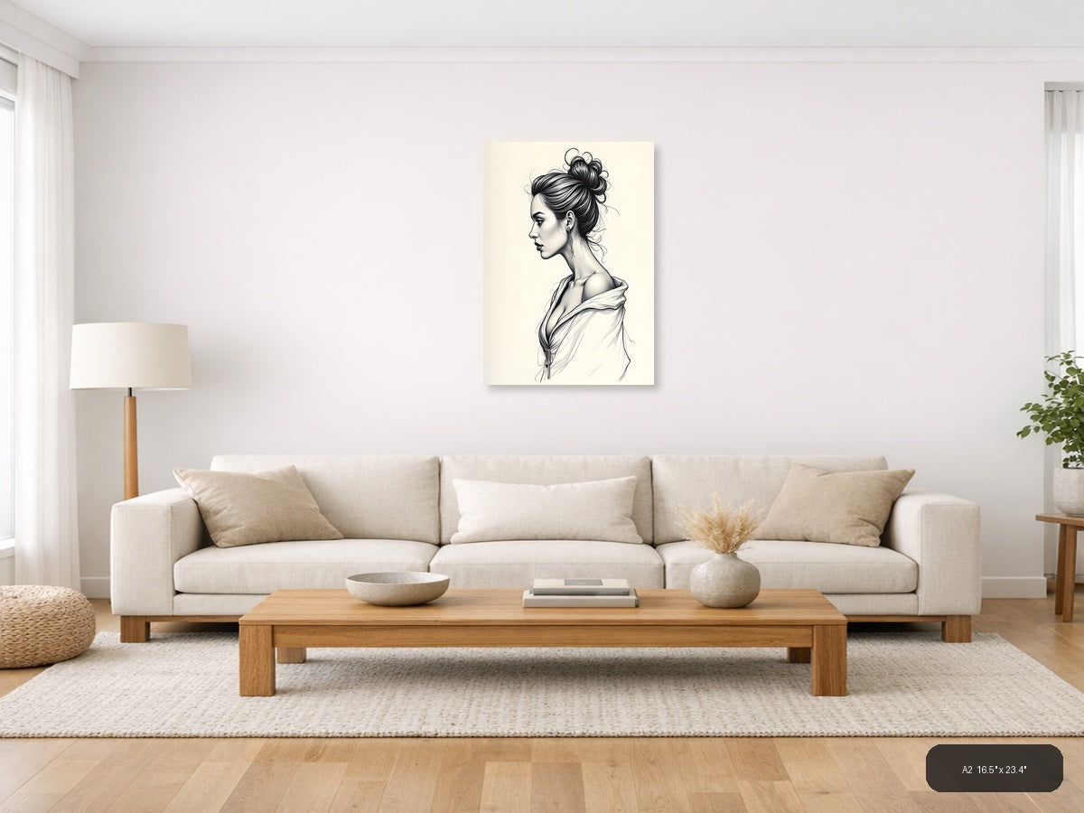 Elegant Woman Profile Line Art Portrait Wall Art — A2 / Living Room