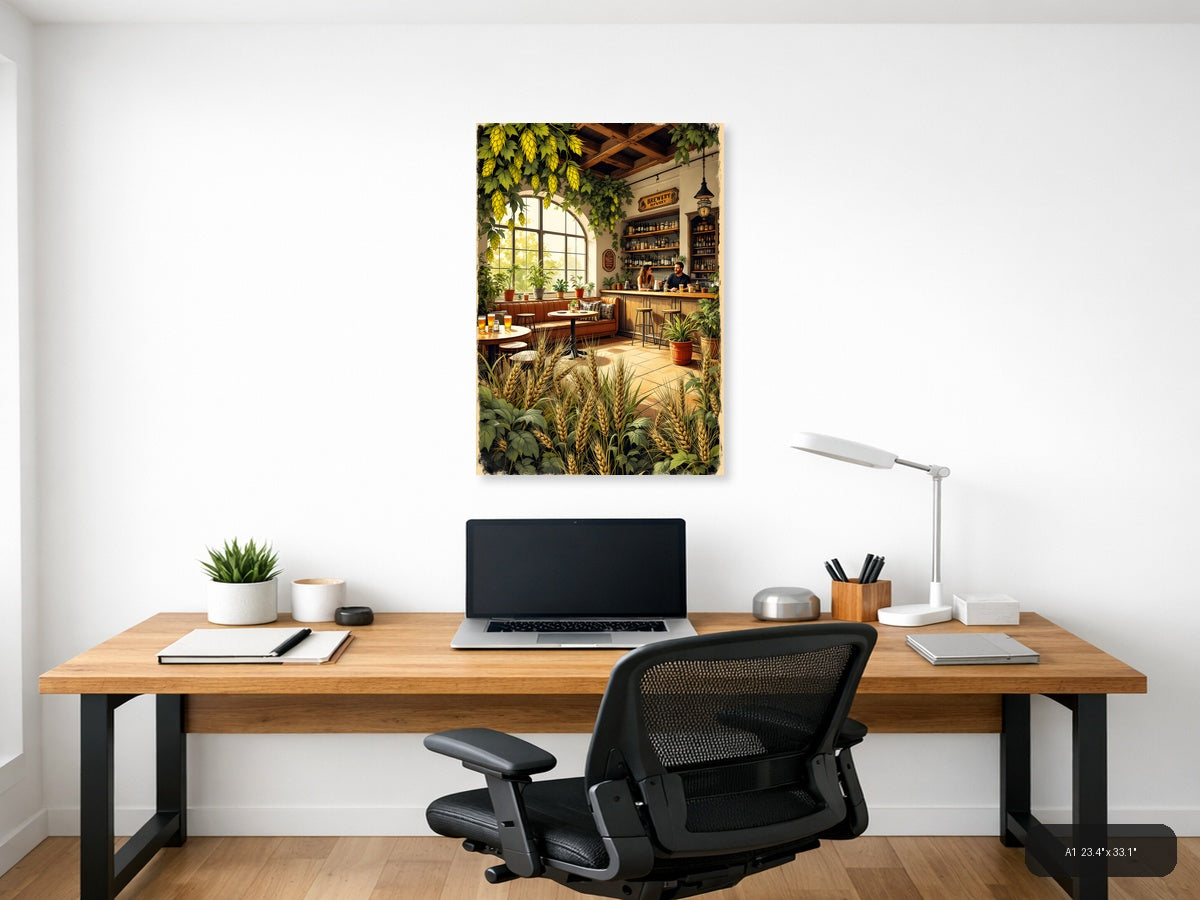 Vintage Brewery Taproom Interior Illustration Wall Art — A1 / Office