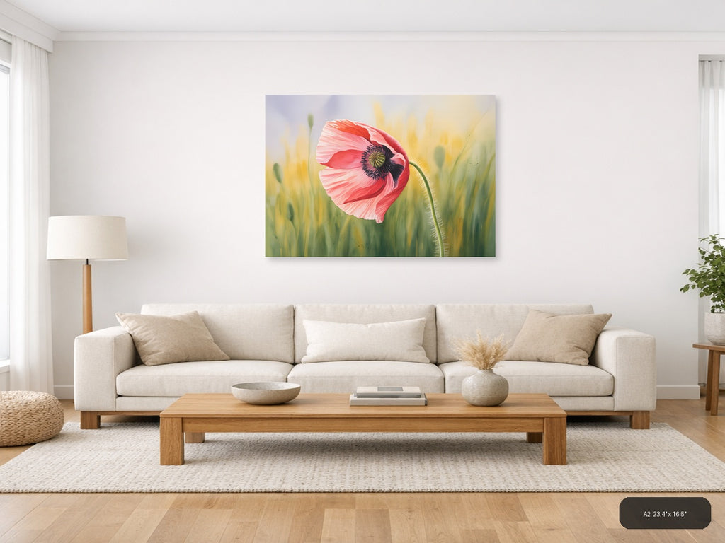 Pink Poppy Watercolor Flower Field Wall Art — A2 / Living Room