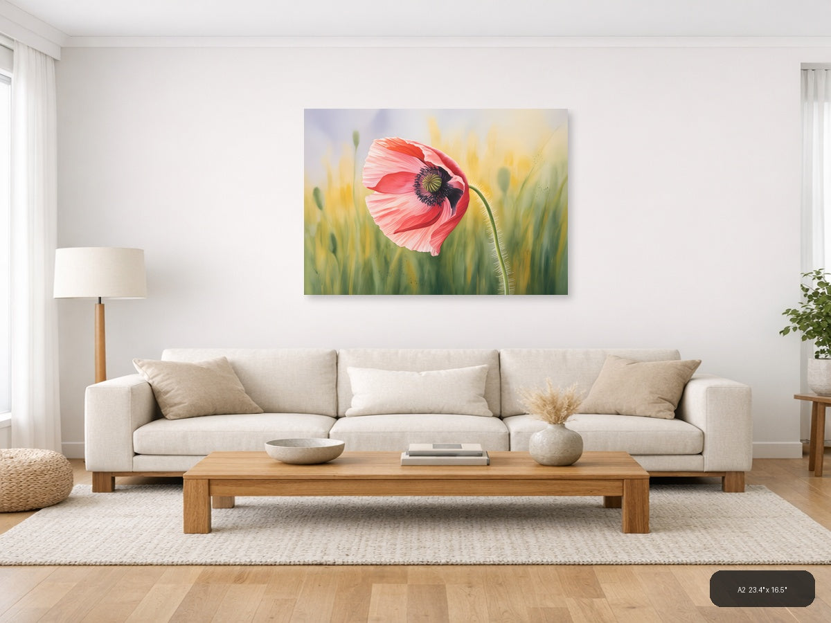 Pink Poppy Watercolor Flower Field Wall Art — A2 / Living Room