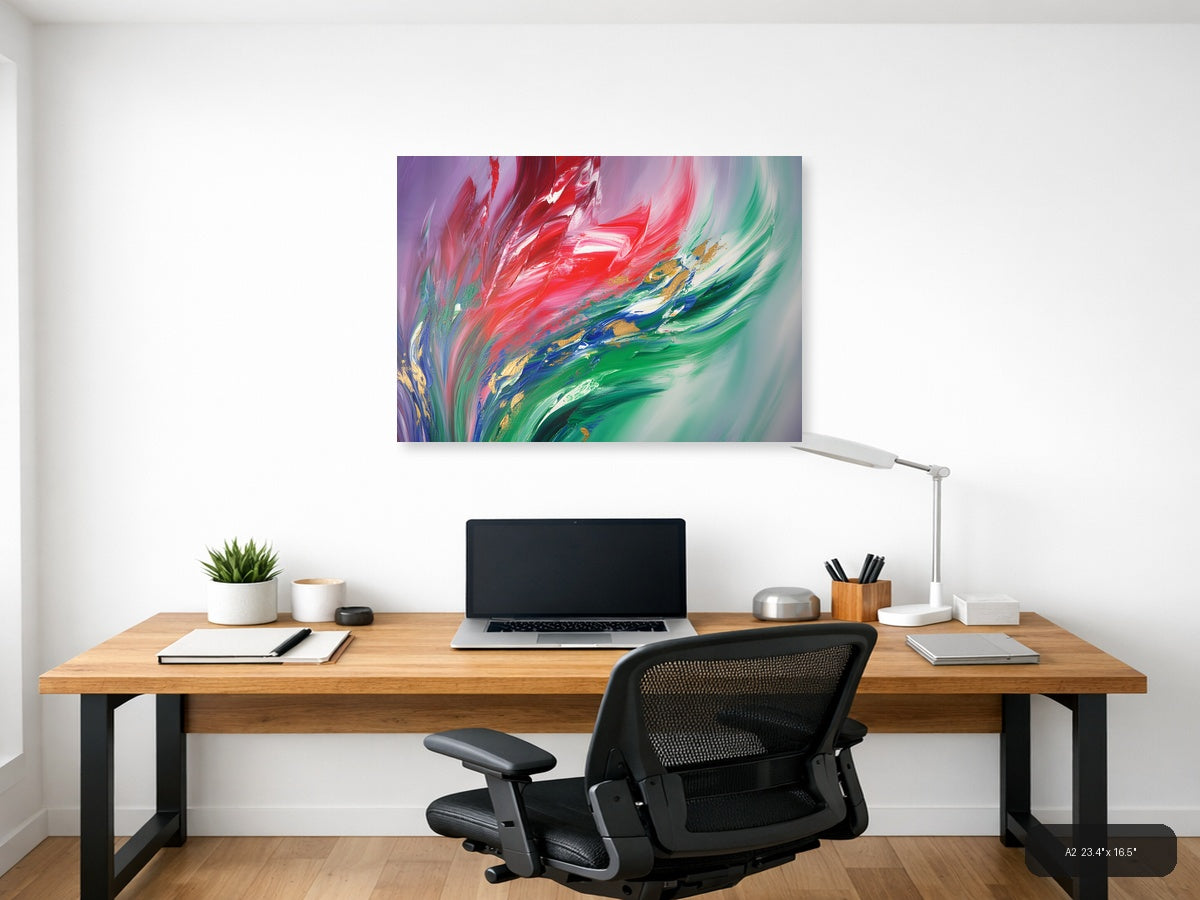 Red & Green Flowing Abstract Brushstroke Modern Wall Art — A2 / Office