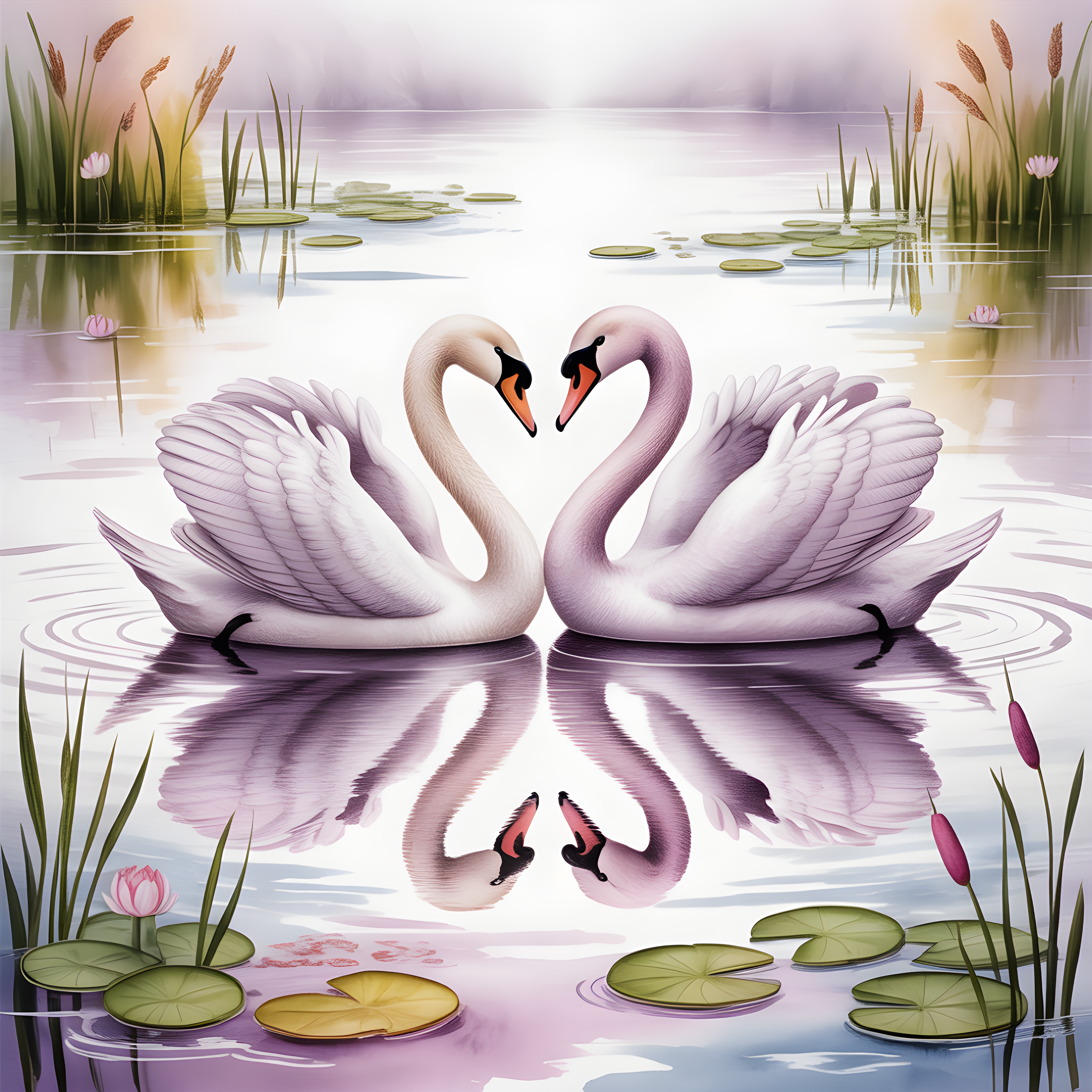 Two Swans Heart Reflection Watercolor Wall Art