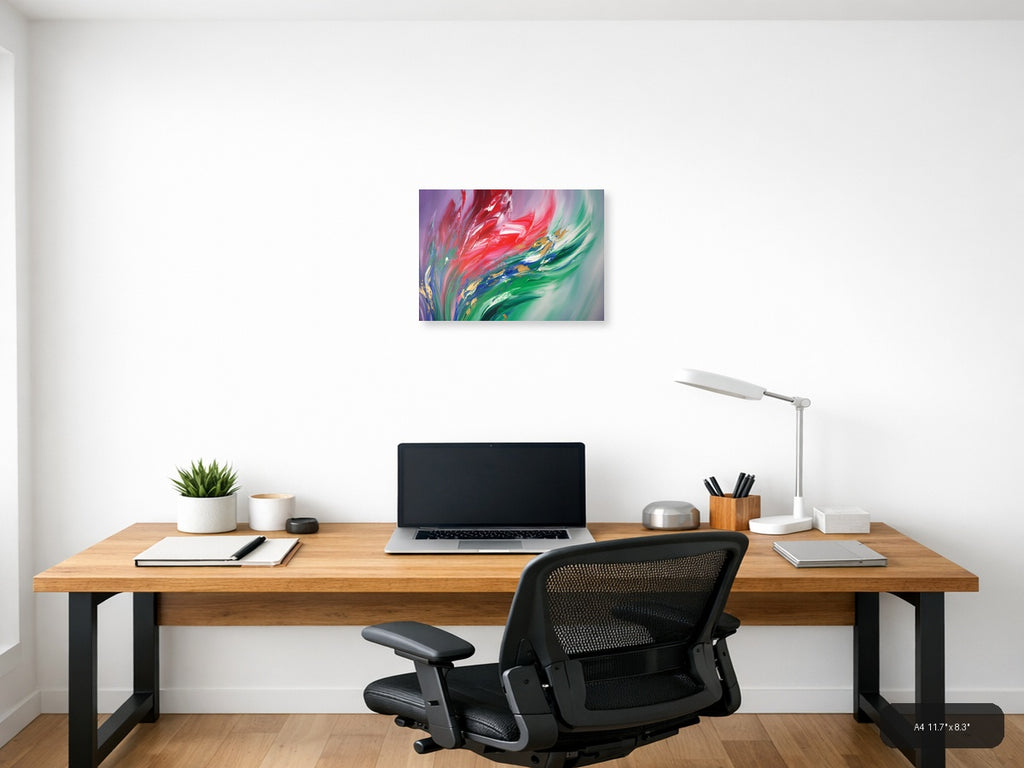 Red & Green Flowing Abstract Brushstroke Modern Wall Art — A4 / Office