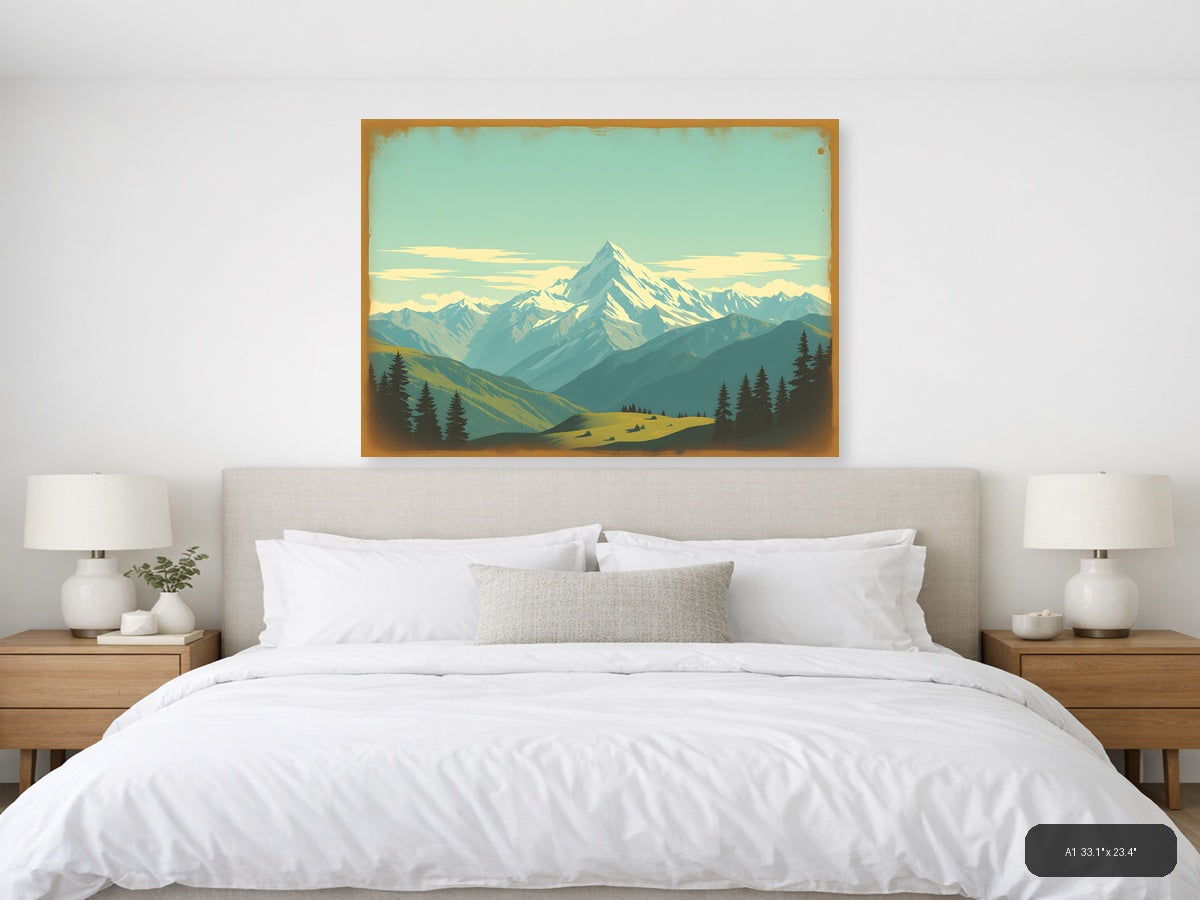 Snow-Capped Mountain Peak Vintage Landscape Wall Art — A1 / Bedroom