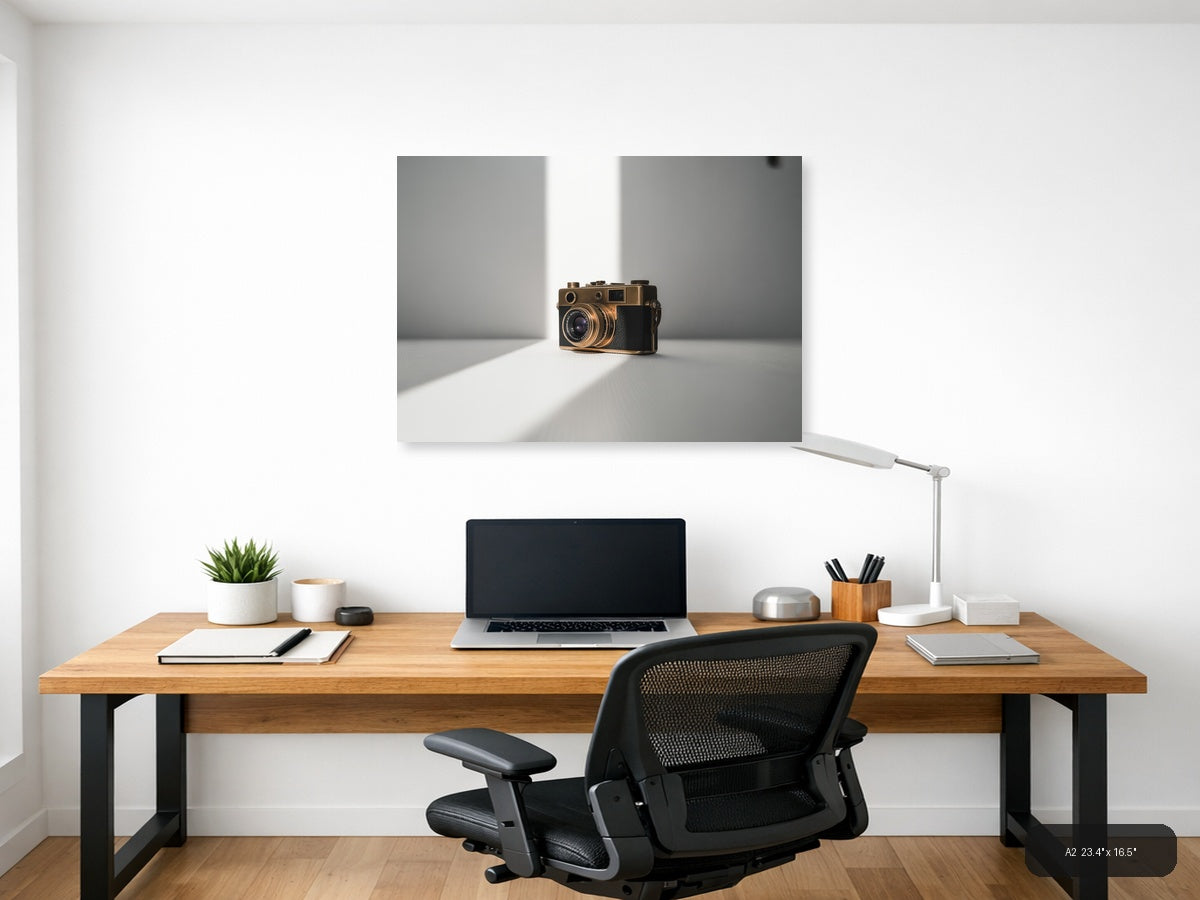 Vintage Gold Camera Minimalist Photography Wall Art — A2 / Office