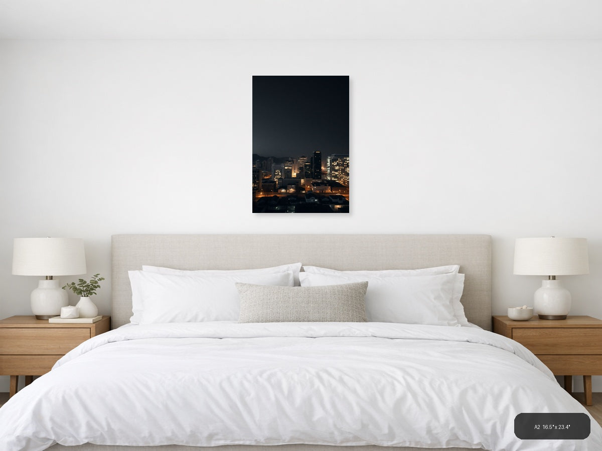 Urban Skyline at Dusk with Golden City Lights | Minimalist Wall Art — A2 (Bedroom)