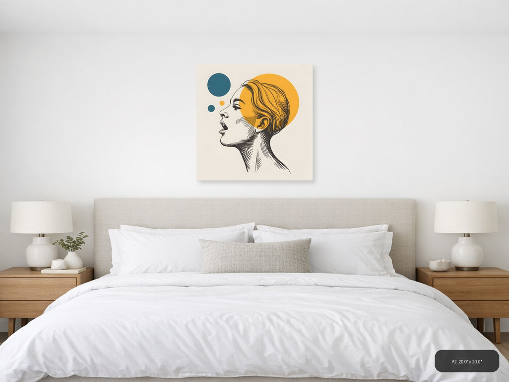 Modern Line Art Portrait with Yellow Circle Wall Art — A2 / Bedroom