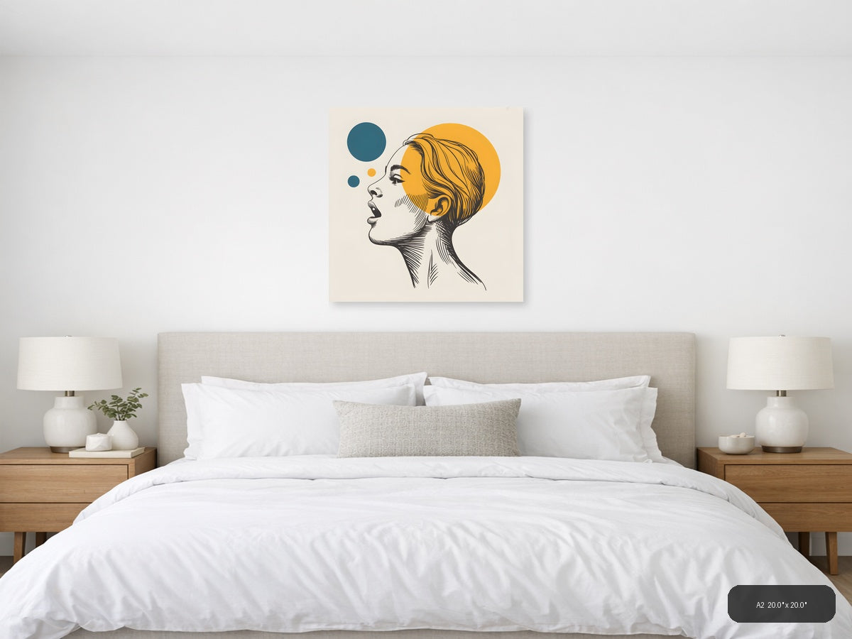 Modern Line Art Portrait with Yellow Circle Wall Art — A2 / Bedroom