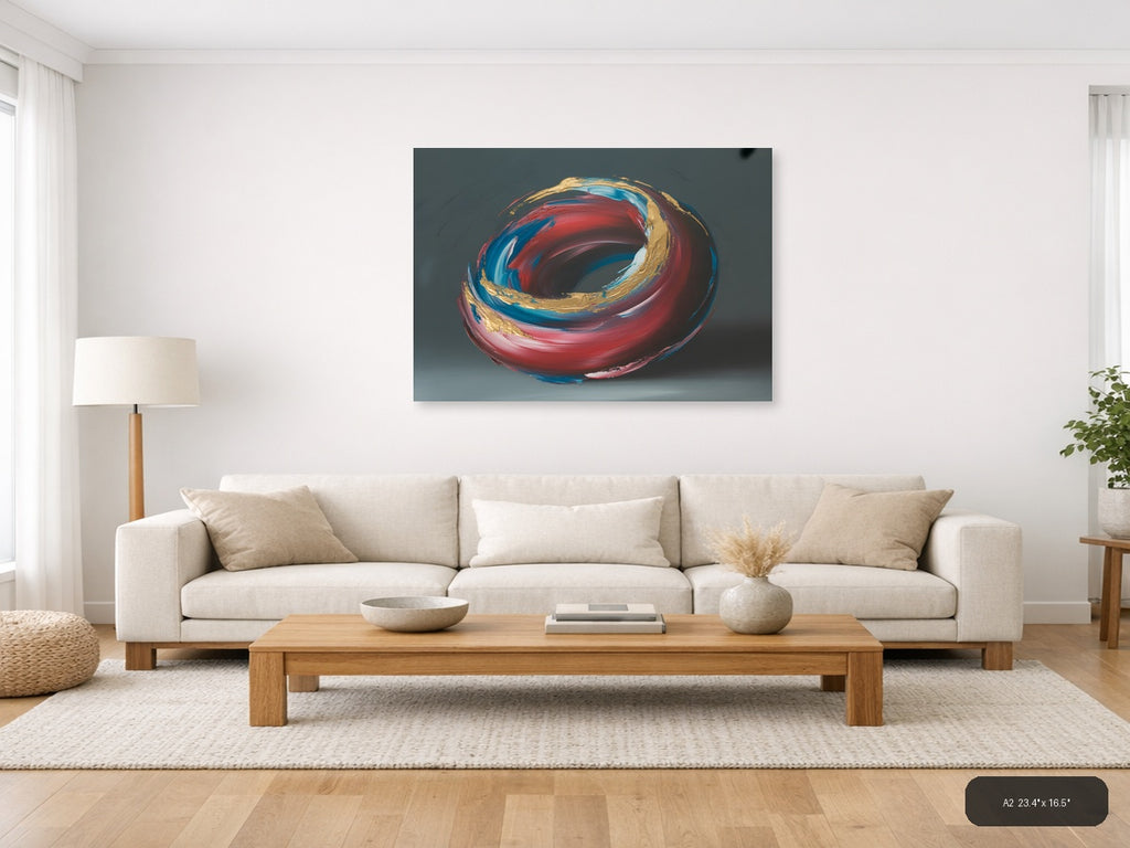 Red Blue Gold Abstract Swirl Circle Modern Wall Art — A2 / Living Room