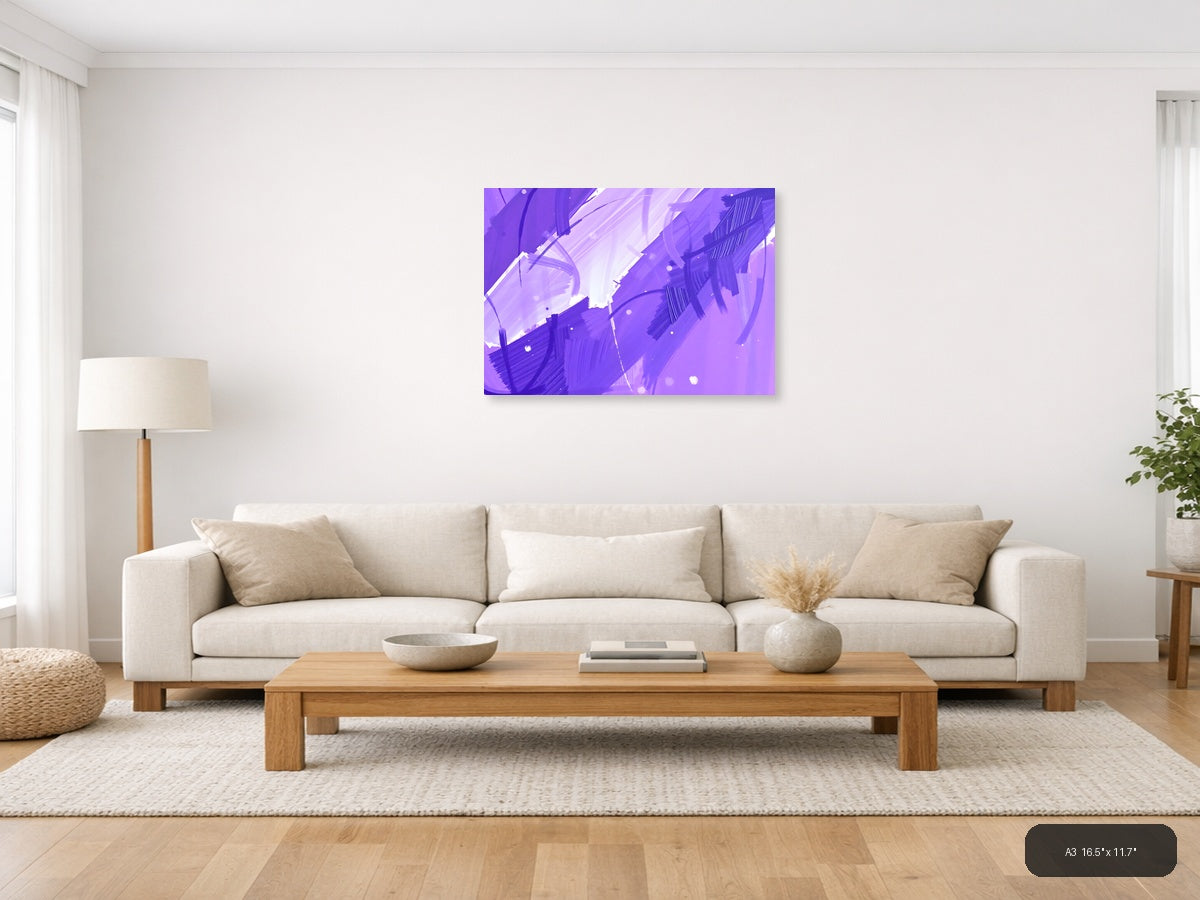 Purple Abstract Brushstrokes & Light Rays Wall Art — A3 / Living Room