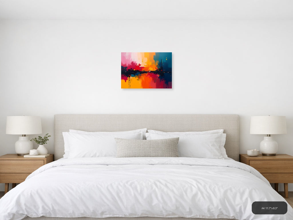Vibrant Abstract Cityscape Sunset Reflection Wall Art — A4 / Bedroom