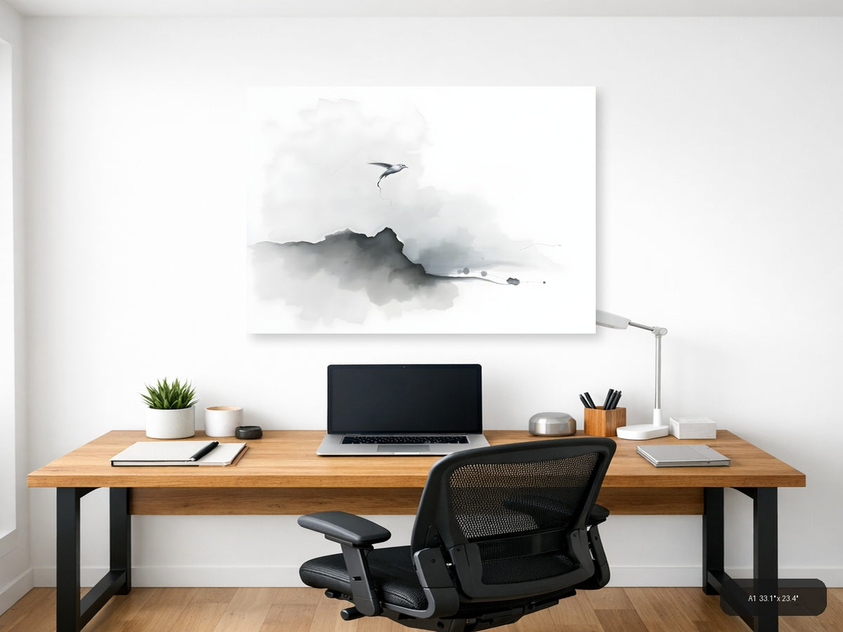 Minimalist Bird Over Mountain Mist Watercolor Wall Art — A1 / Office