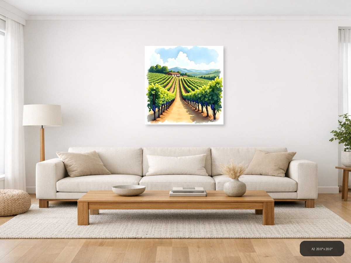 Vineyard Landscape Watercolor Wall Art — A2 / Living Room