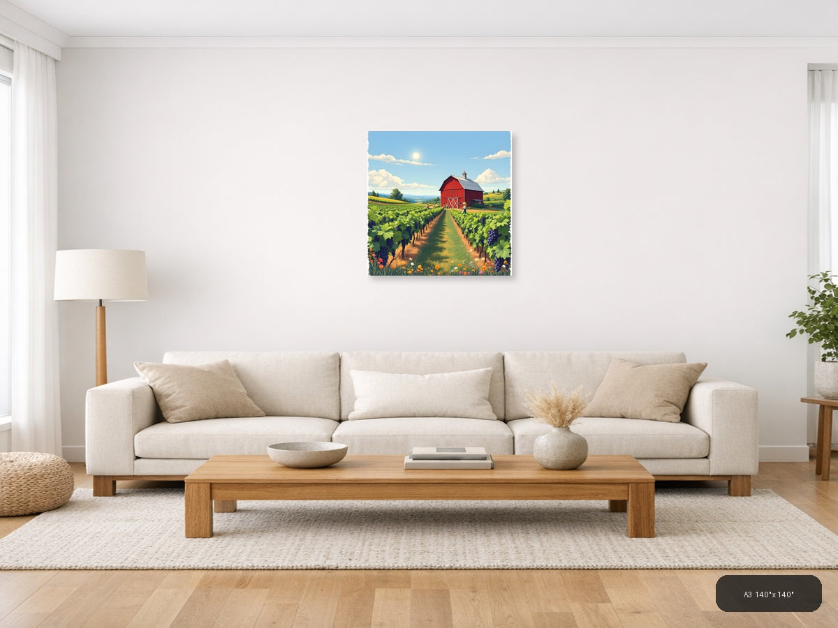 Vintage Vineyard Farm with Red Barn and Workers Wall Art — A3 / Living Room