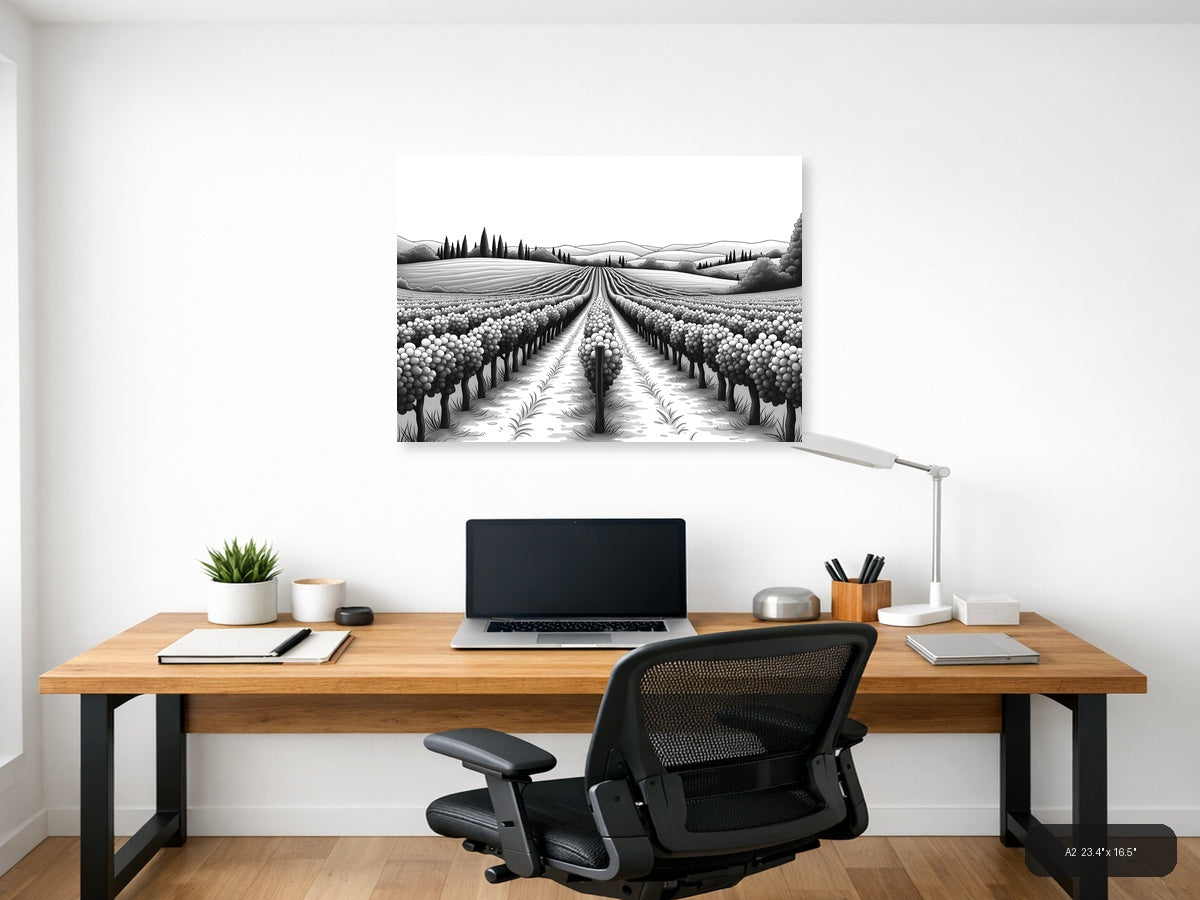 Tuscan Vineyard Landscape Line Art Wall Art — A2 / Office