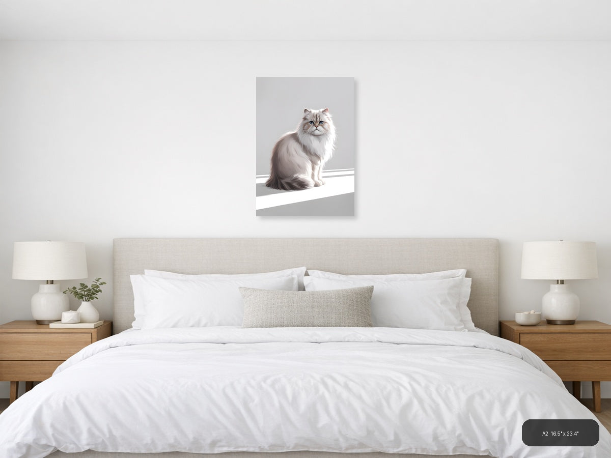 Fluffy White Cat with Blue Eyes Minimalist Wall Art — A2 / Bedroom