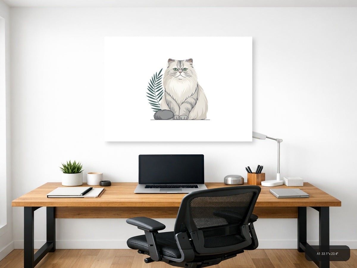 Fluffy White Cat with Plant Minimalist Wall Art — A1 / Office