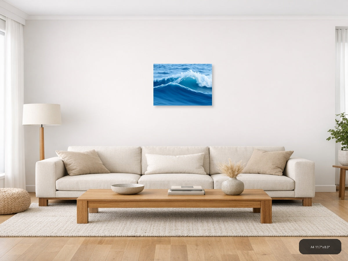 Minimalist Ocean Waves Blue Sea Wall Art — A4 / Living Room