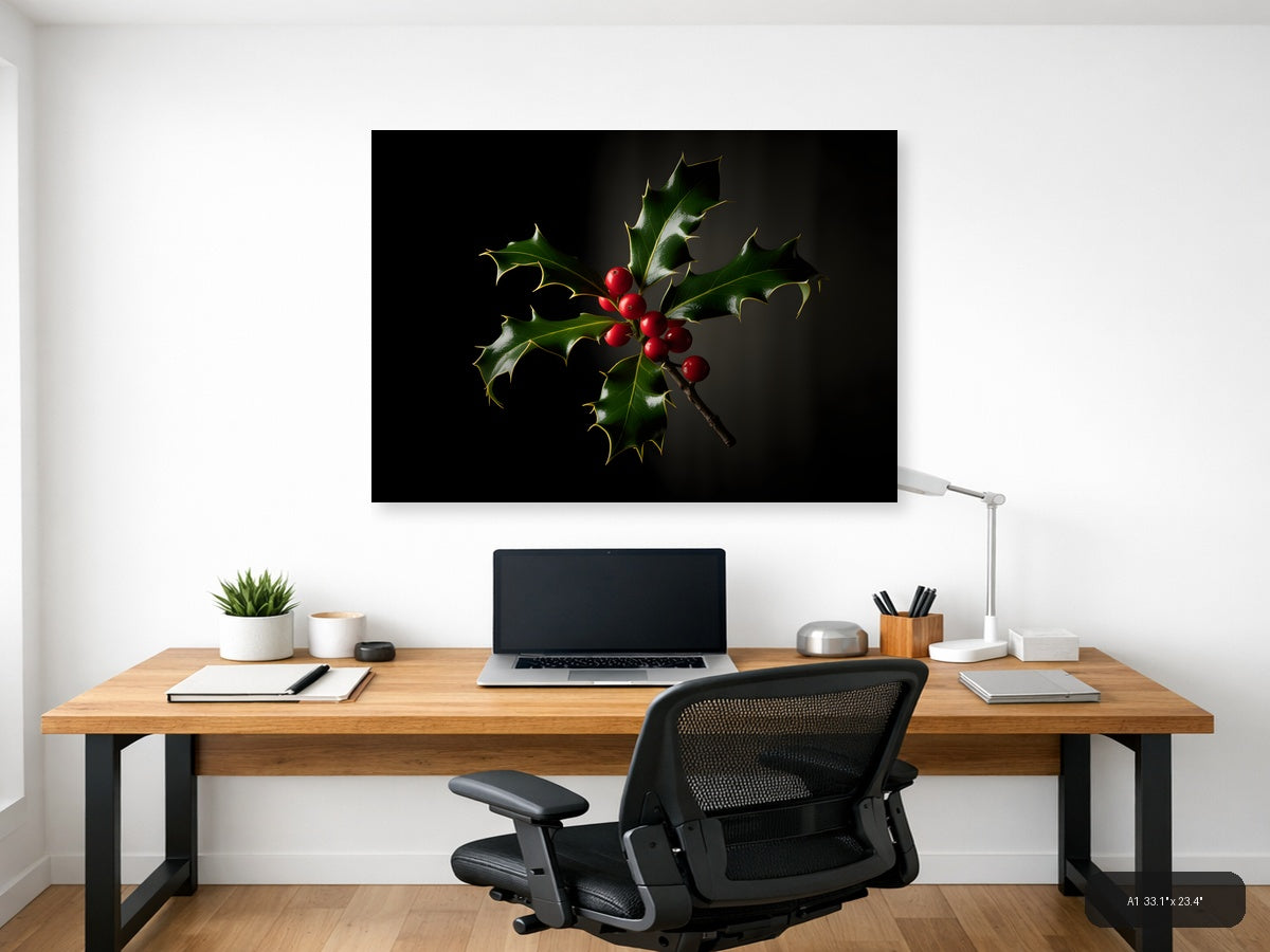 Holly Branch with Red Berries Photography Wall Art — A1 / Office