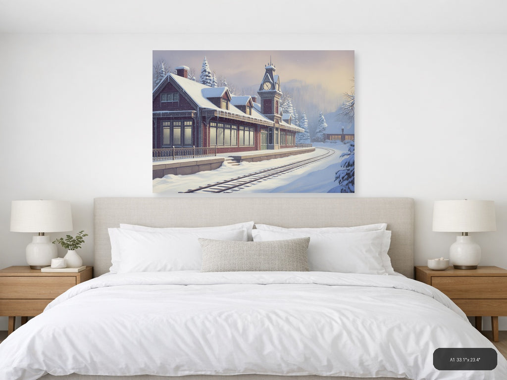Vintage Snow-Covered Railway Station Clock Tower Wall Art — A1 / Bedroom