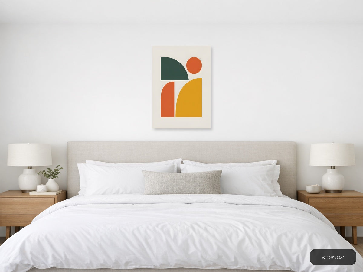 Minimalist Geometric Shapes in Green, Orange & Gold Wall Art — A2 / Bedroom