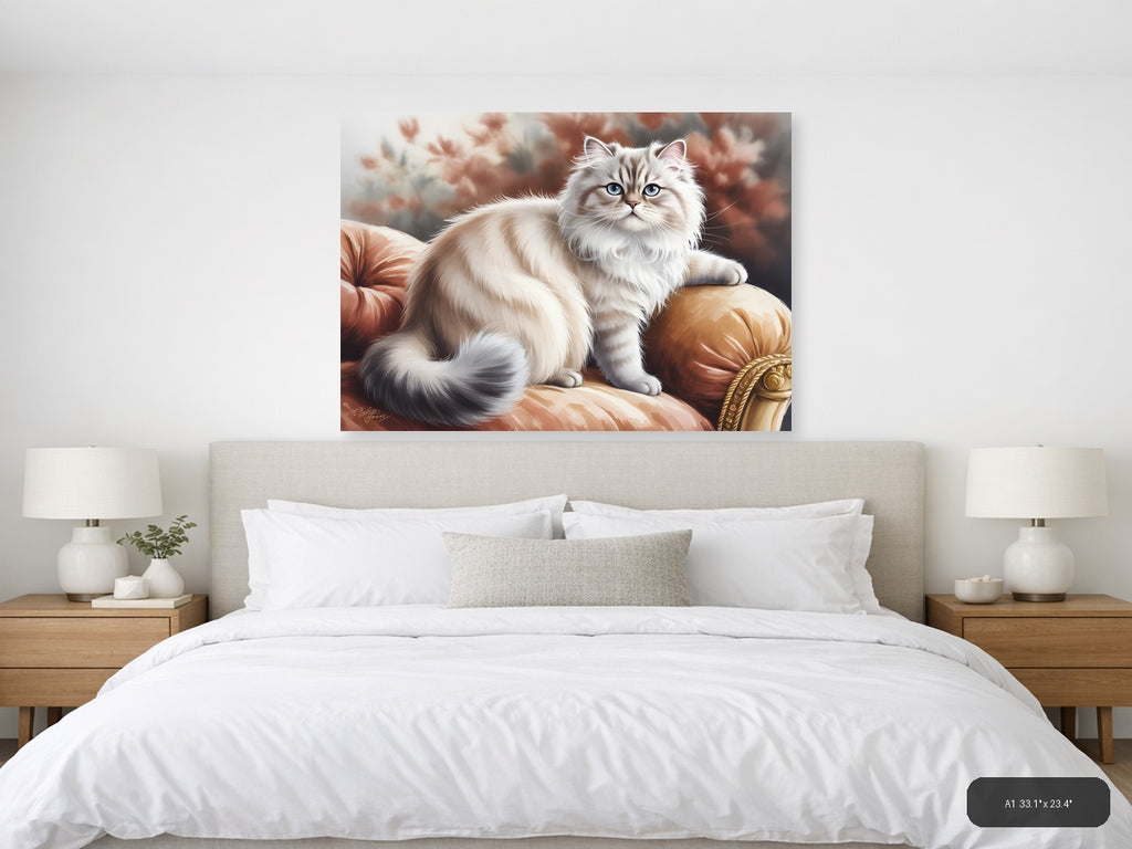 Fluffy White Cat on Red Cushion Watercolor Wall Art — A1 / Bedroom