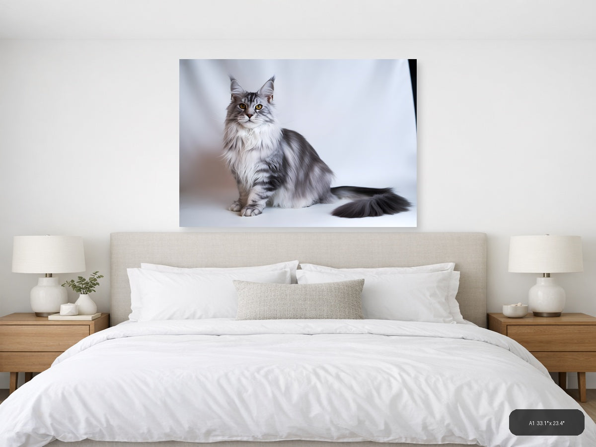 Gray Tabby Cat Portrait Minimalist Wall Art — A1 / Bedroom