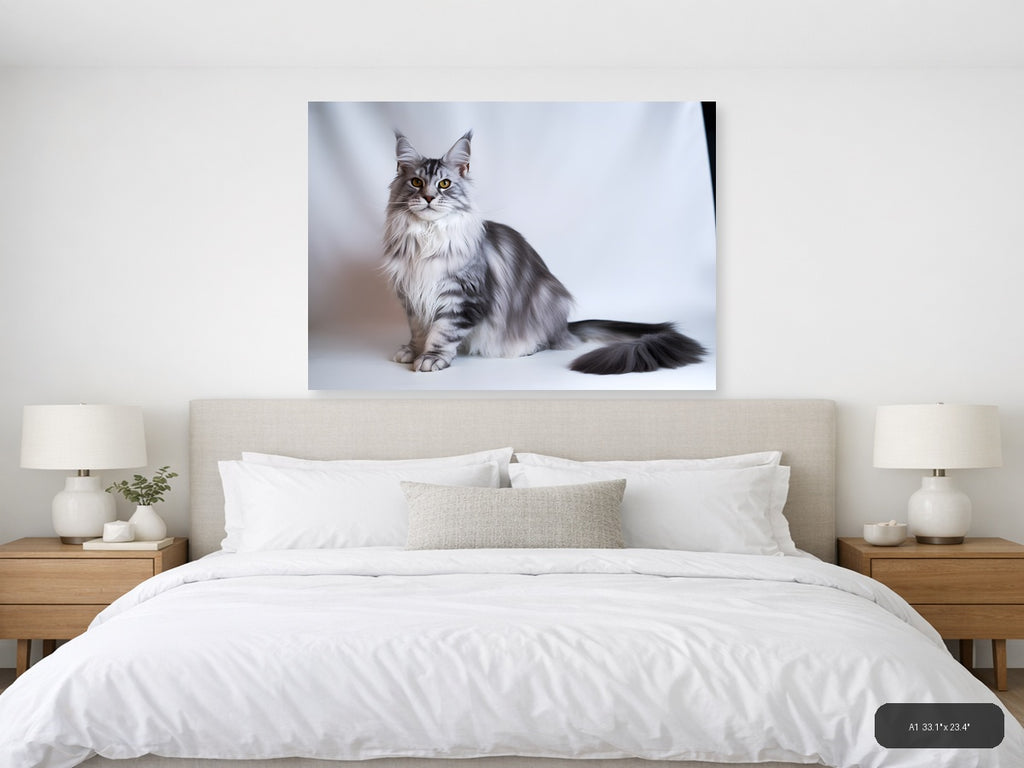 Gray Tabby Cat Portrait Minimalist Wall Art — A1 / Bedroom