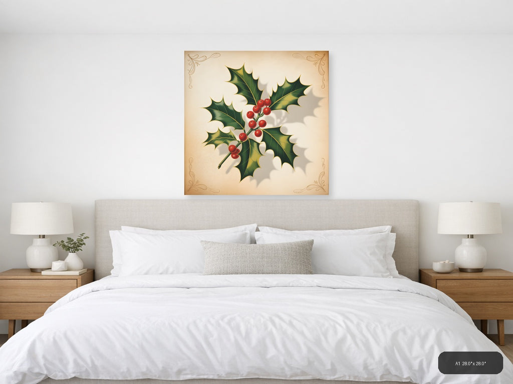 Holly Berries & Leaves Vintage Christmas Wall Art — A1 / Bedroom