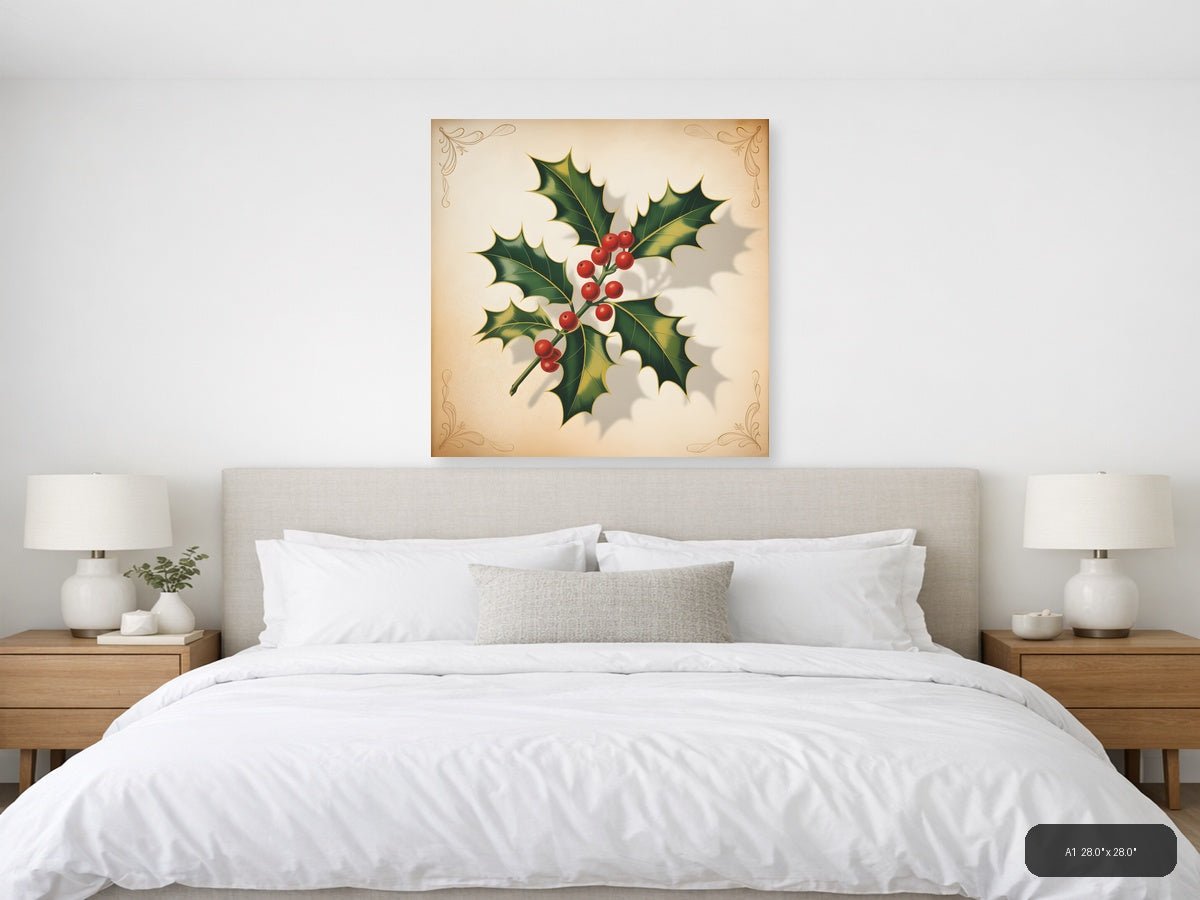 Holly Berries & Leaves Vintage Christmas Wall Art — A1 / Bedroom