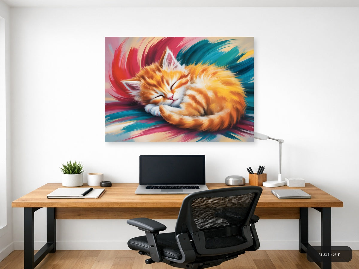 Sleeping Ginger Cat Abstract Brushstroke Wall Art — A1 / Office
