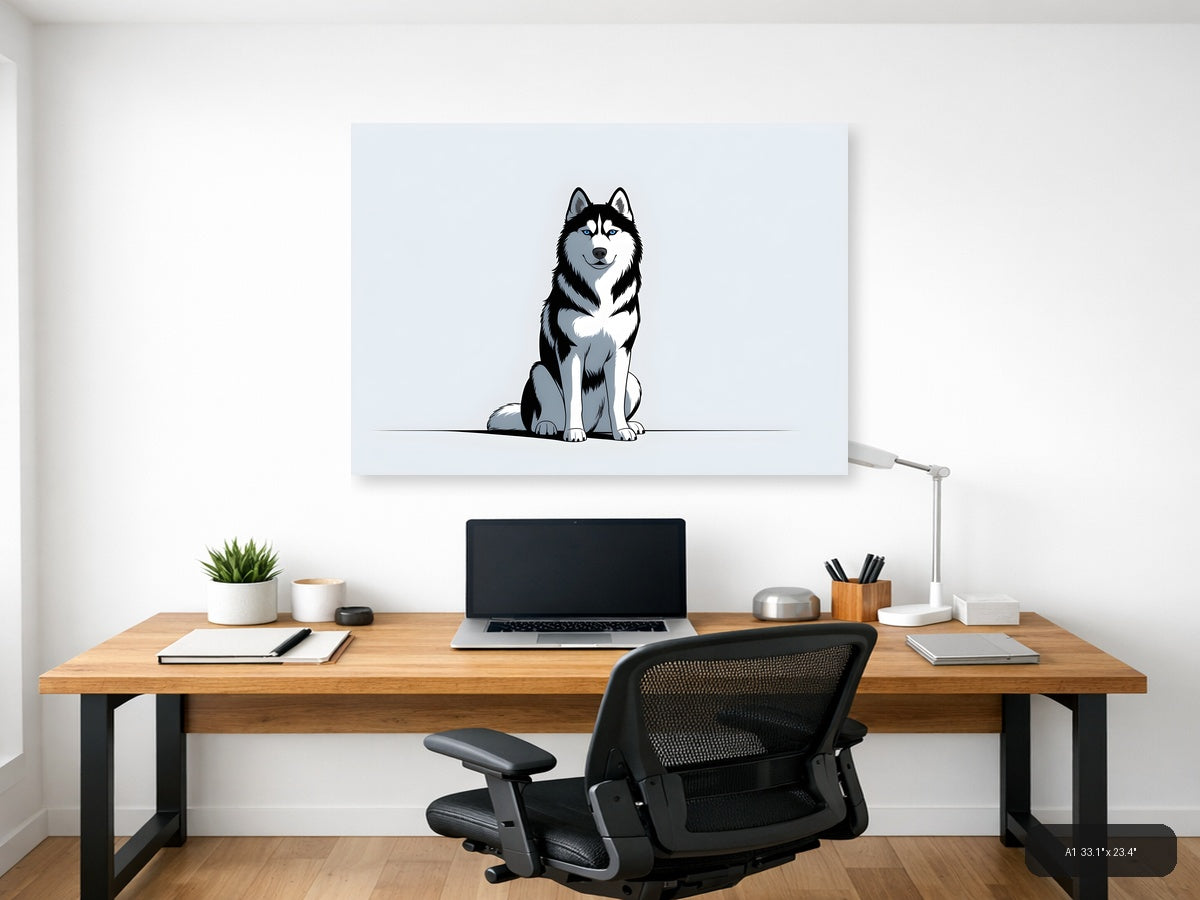 Siberian Husky Portrait - Minimalist Black & White Wall Art — A1 / Office