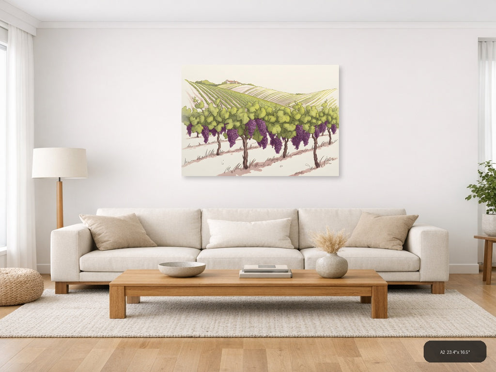 Vineyard Landscape with Purple Grapes Line Art Wall Art — A2 / Living Room