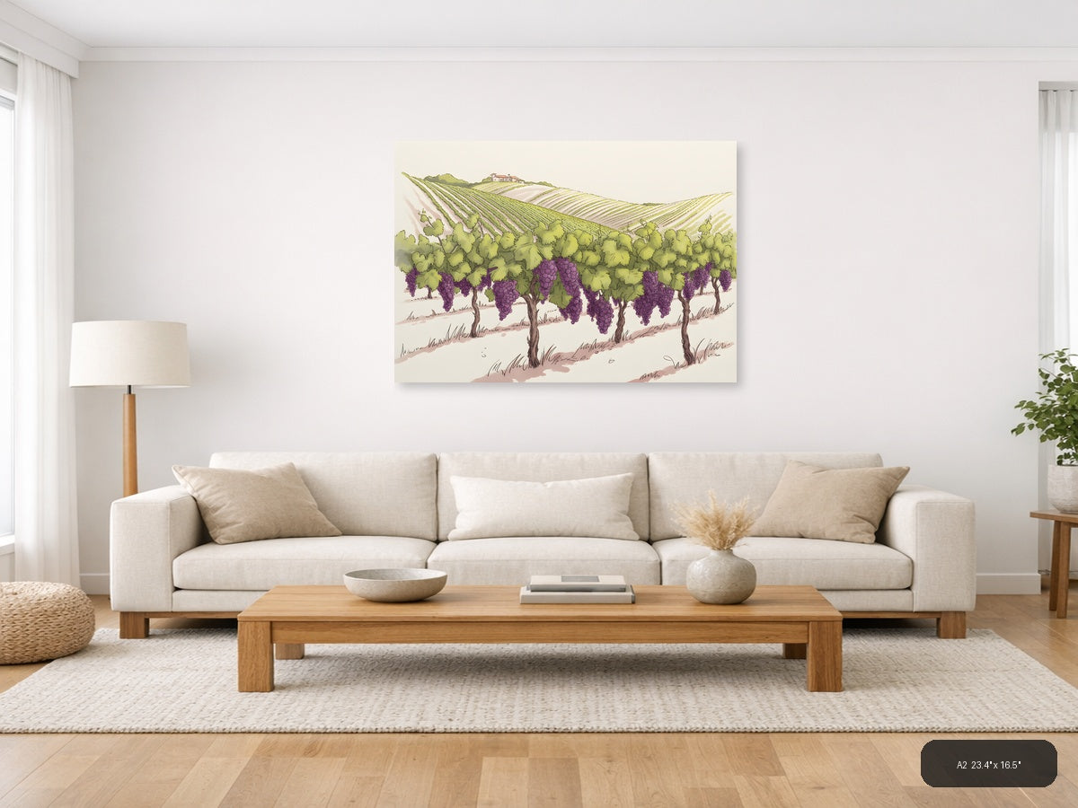 Vineyard Landscape with Purple Grapes Line Art Wall Art — A2 / Living Room