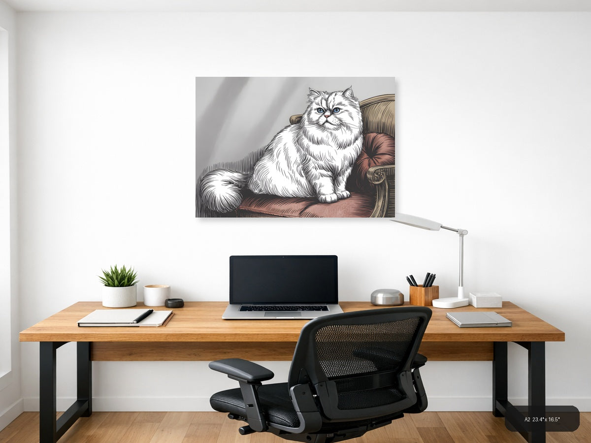 White Fluffy Cat with Blue Eyes Line Art Wall Art — A2 / Office