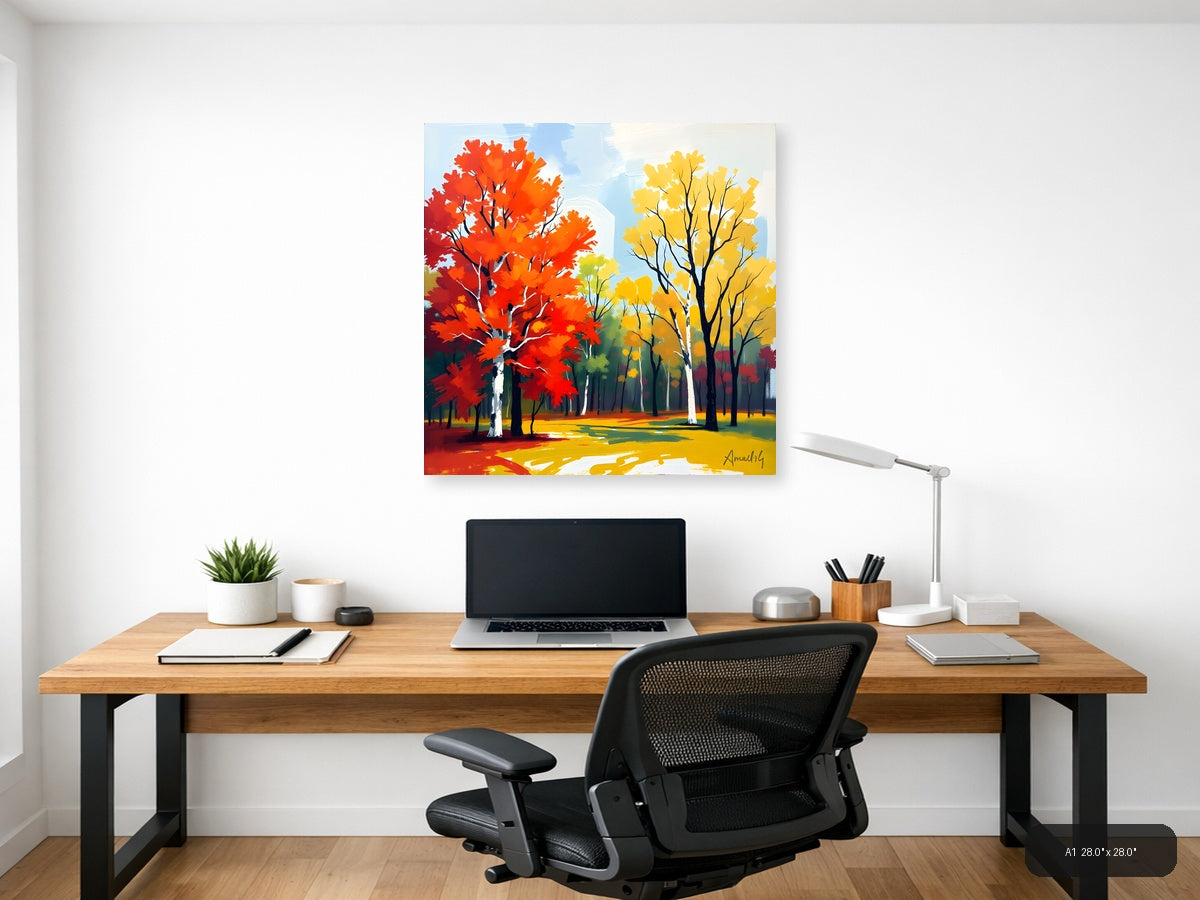 Abstract Autumn Forest with Red and Yellow Trees Wall Art — A1 / Office