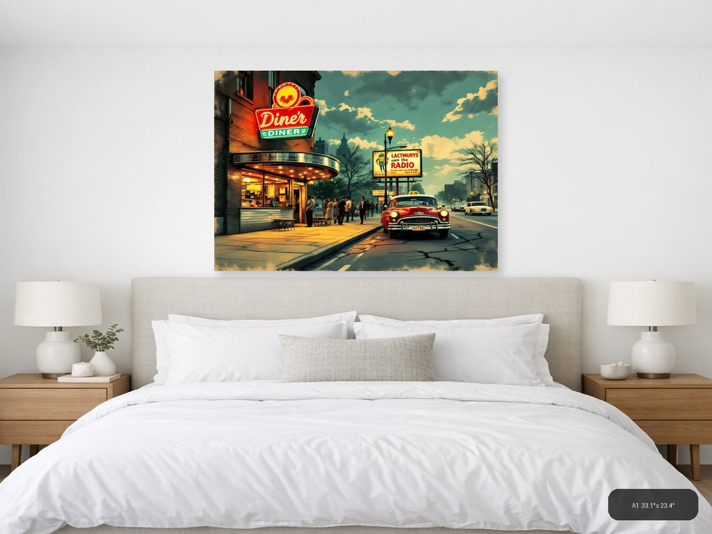 Vintage Diner Street Scene Retro Americana Wall Art — A1 / Bedroom
