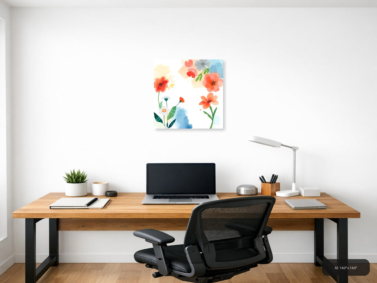 Watercolor Floral Garden with Red & Orange Blooms Wall Art — A3 / Office