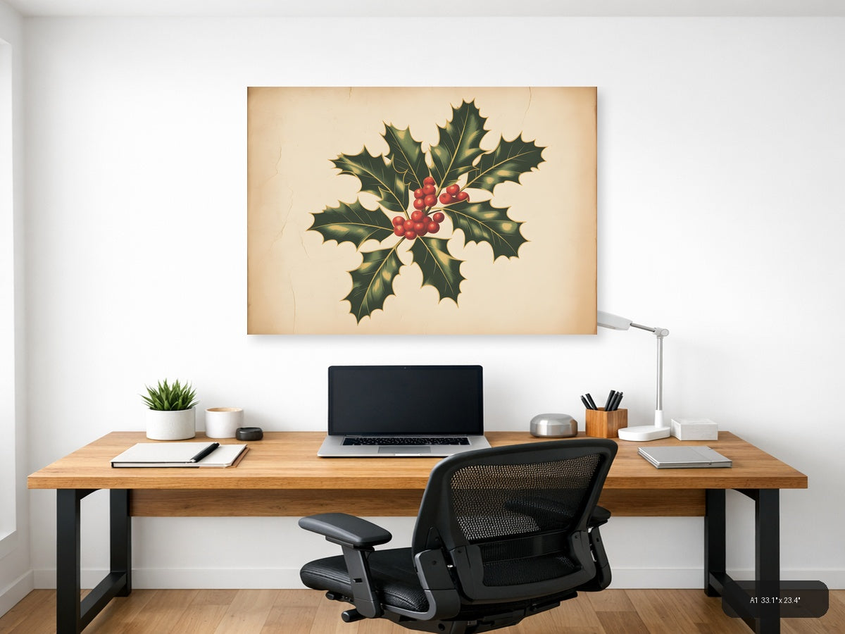 Vintage Holly Berries & Leaves Botanical Wall Art — A1 / Office