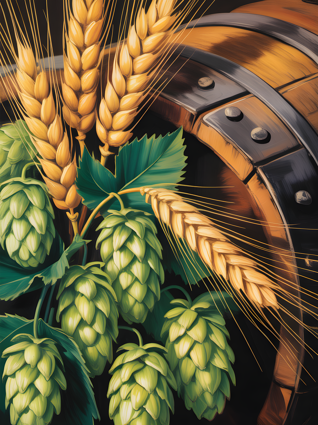 Beer Barrel & Hops Wheat Abstract Portrait Wall Art