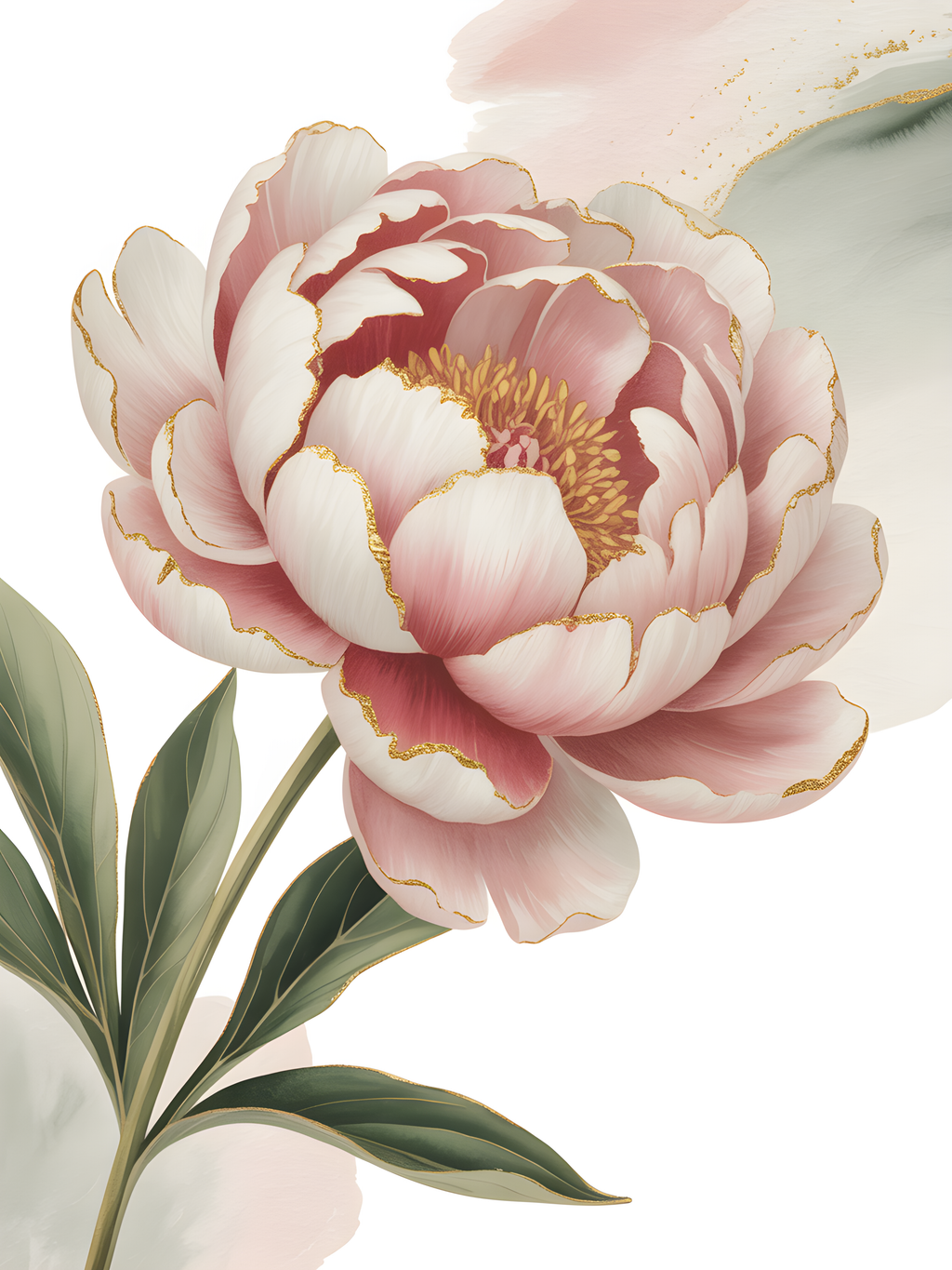 Pink Peony with Gold Accents Watercolor Wall Art