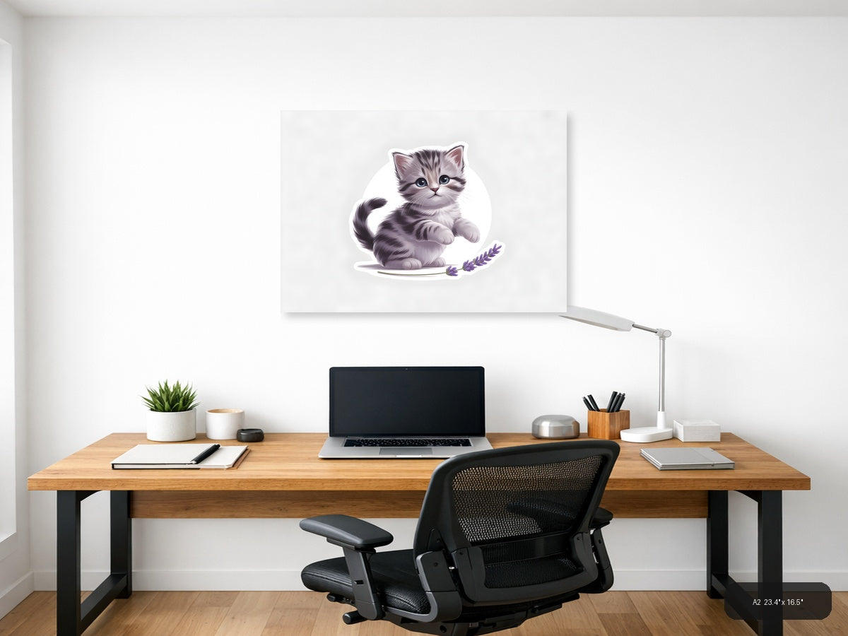 Cute Gray Tabby Kitten with Lavender - Minimalist Wall Art — A2 / Office