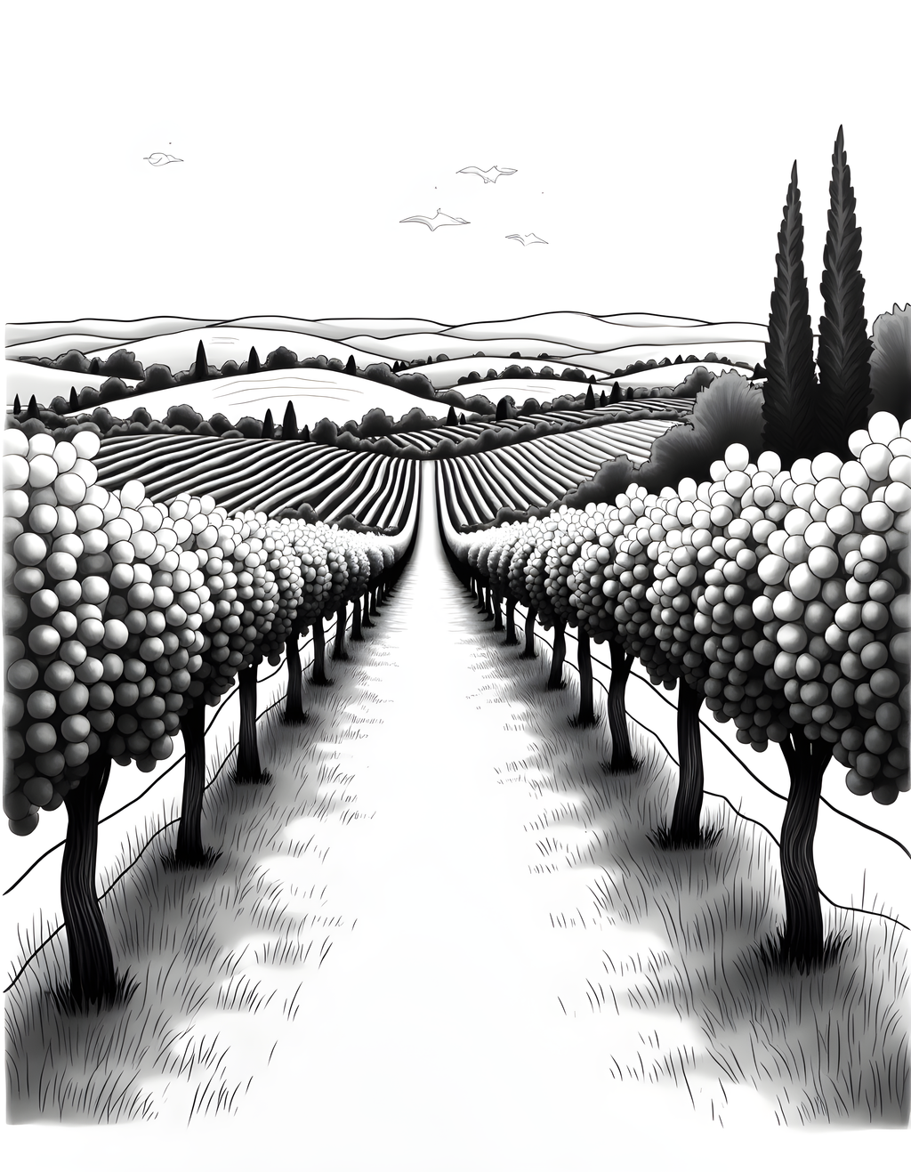 Tuscan Vineyard Landscape Line Art Black and White Wall Art