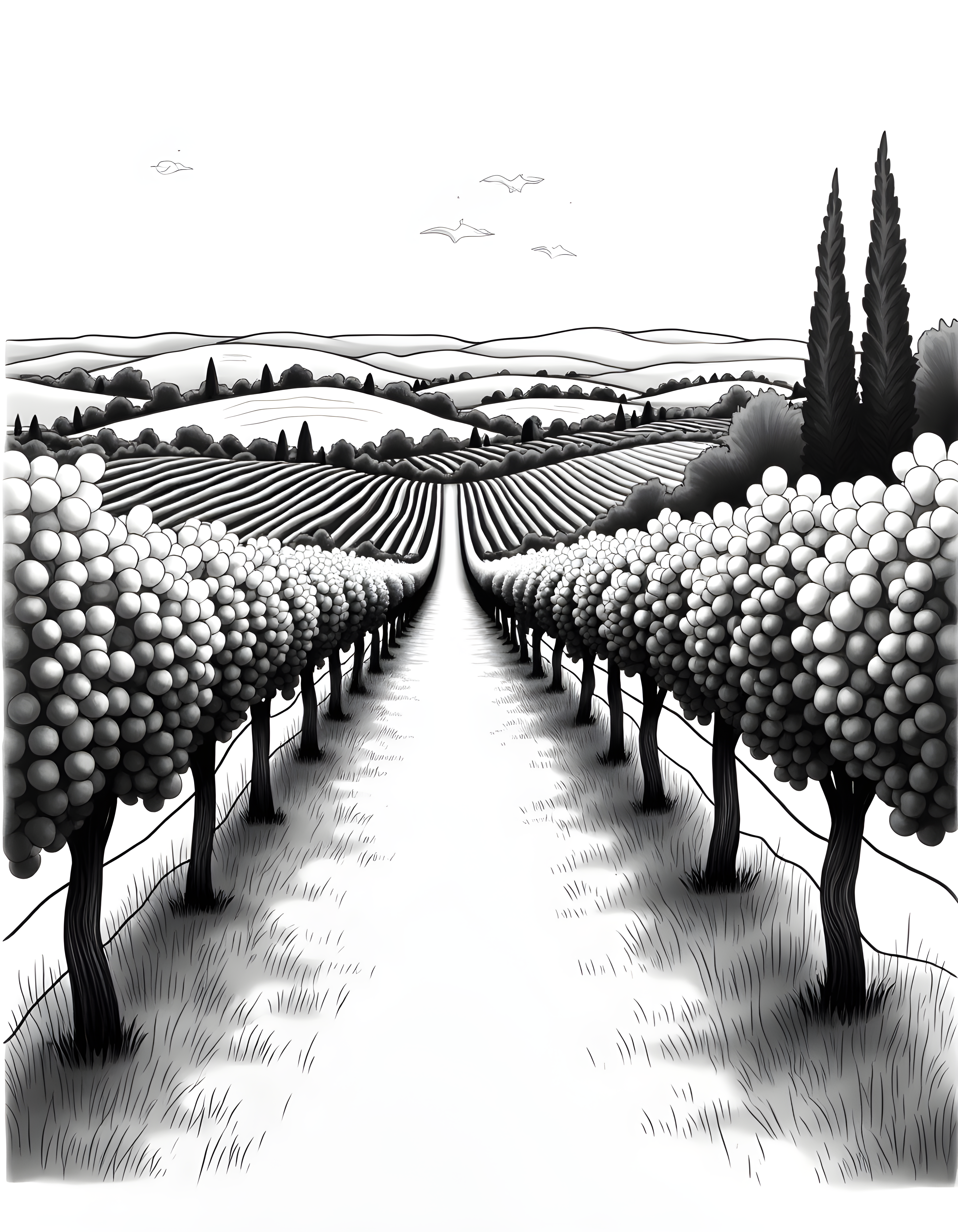 Tuscan Vineyard Landscape Line Art Black and White Wall Art