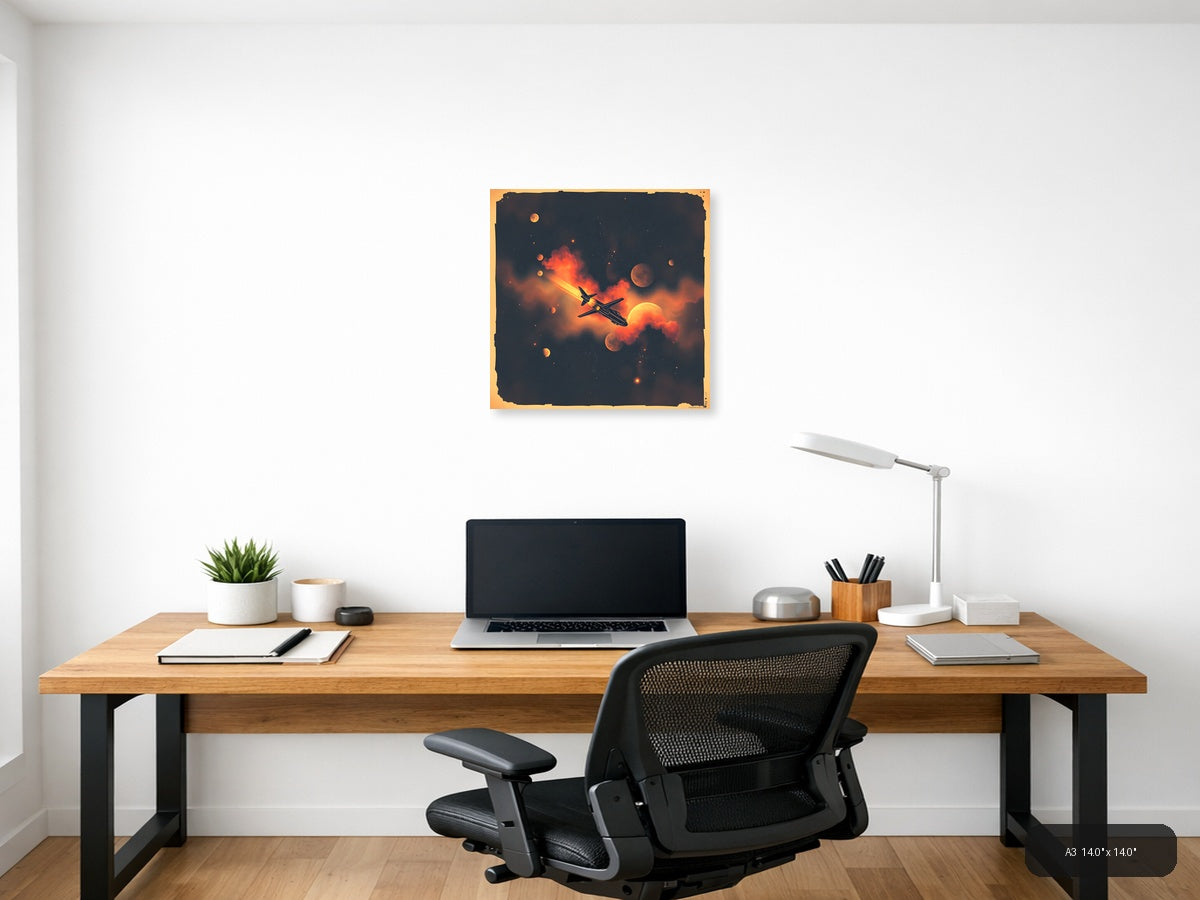 Vintage Spaceship Flight Through Cosmic Fire Wall Art — A3 / Office