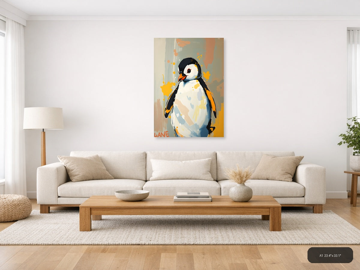 Abstract Penguin Portrait with Orange Splashes Wall Art — A1 / Living Room
