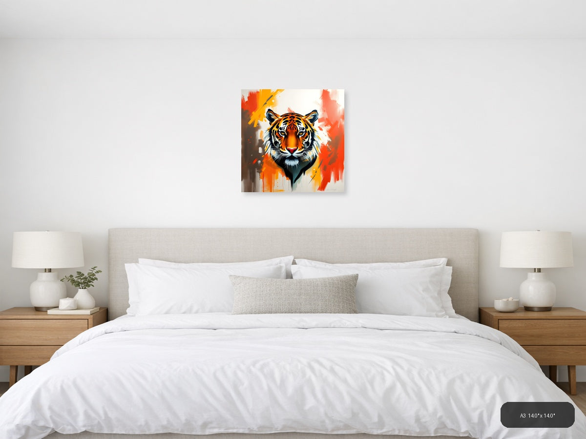 Abstract Tiger Head Orange Splash Modern Wall Art — A3 / Bedroom