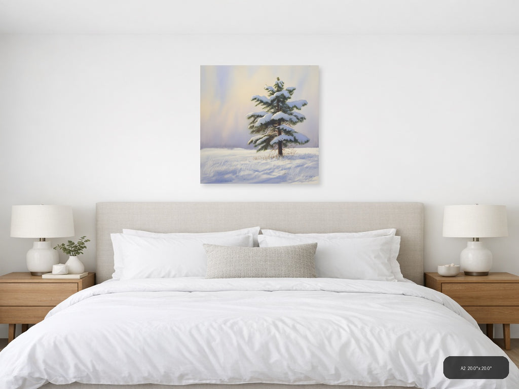 Snow-Laden Pine Tree Winter Landscape Watercolor Wall Art — A2 / Bedroom