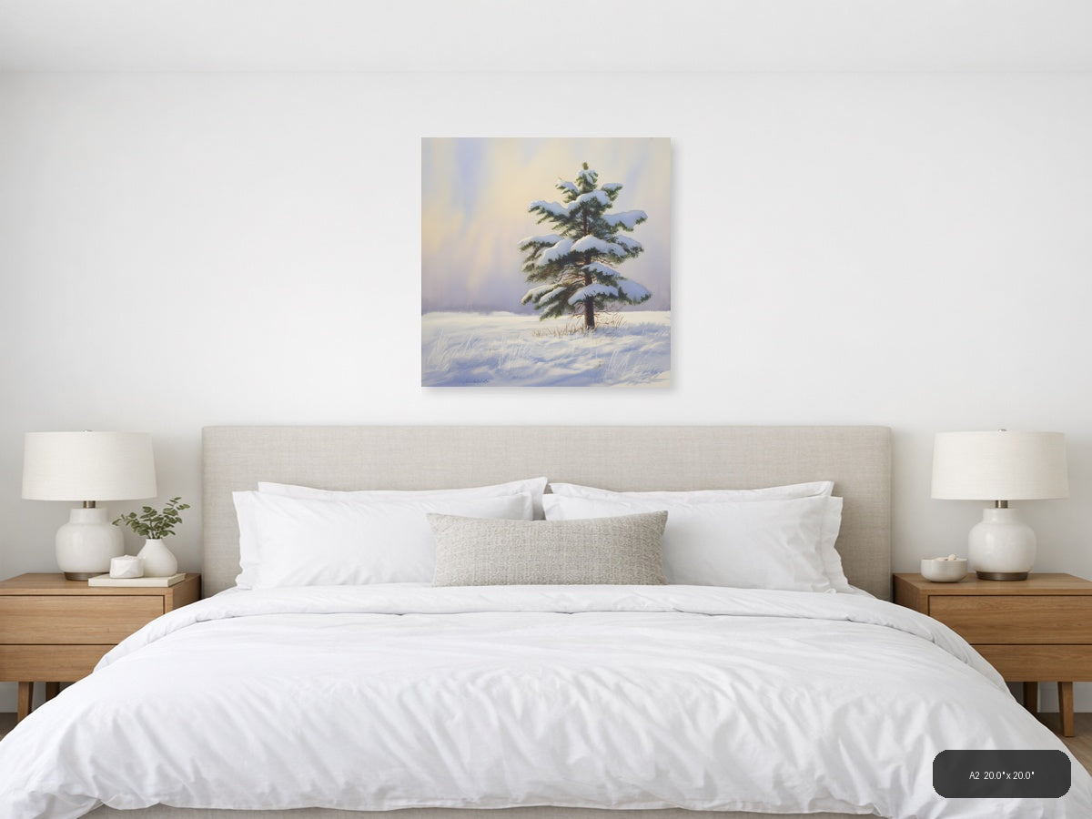 Snow-Laden Pine Tree Winter Landscape Watercolor Wall Art — A2 / Bedroom